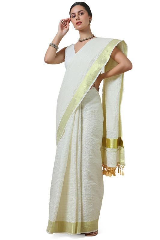 Soch Women Cotton Blend Woven Design Kasavu Saree