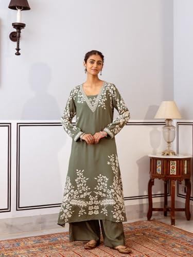 Ishin Green Floral Printed A-Line Kurta With Palazzo