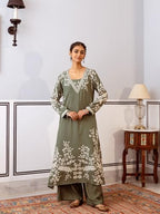 Ishin Green Floral Printed A-Line Kurta With Palazzo