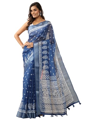 Blue Jamdani Printed Cotton Blend Saree With Unstitched Blouse Piece
