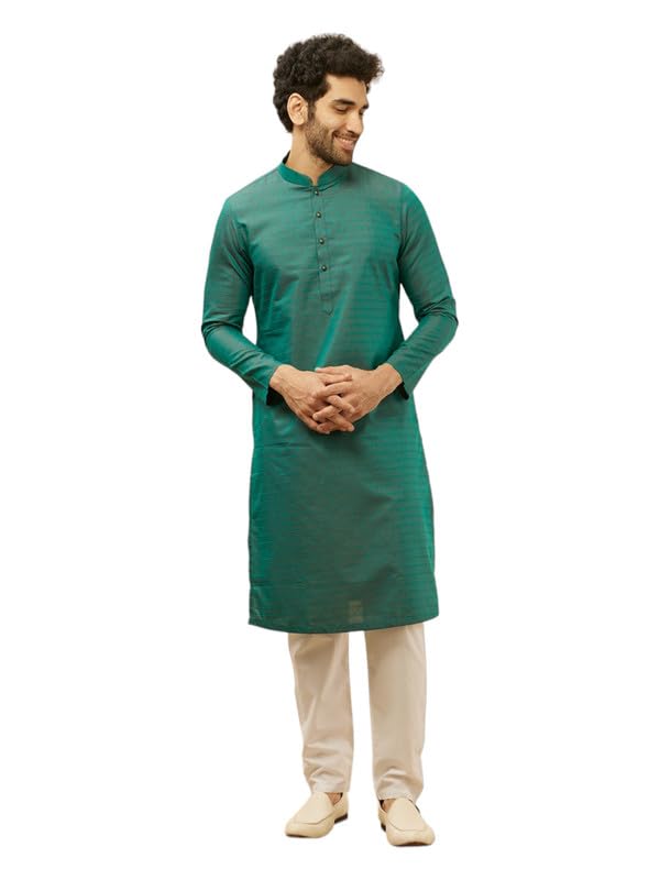 Manyavar Mens Green Blended Cotton Embroidered Kurta Pyjama Set