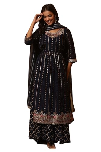 Aurelia Women Blue Floral Print Viscose Kurta Set With Palazzos & Dupatta_24Fed10622_M