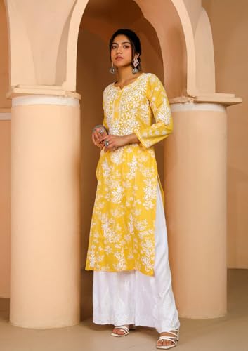 ANNI DESIGNER Womens Cotton Blend Chikankari Embroidered Straight Kurta (Zainab Yellow_M_Yellow_Medium)