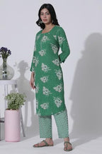W For Woman Green Floral Printed Straight Kurta, Pants With Dupatta Set