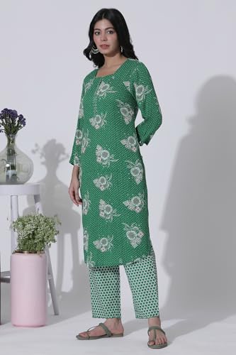 W For Woman Green Floral Printed Straight Kurta, Pants With Dupatta Set