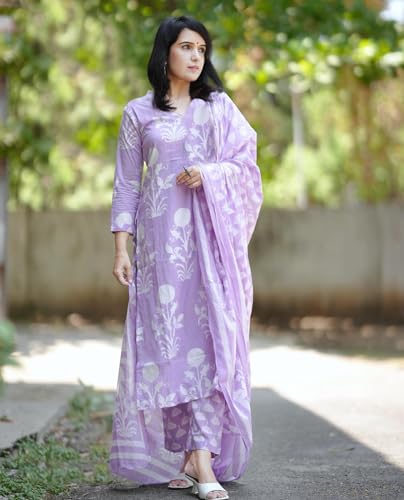 ANNI DESIGNER Womens Cotton Blend Printed Straight Kurta with Pant & Dupatta (Zuri Purple_L_Purple_Large)