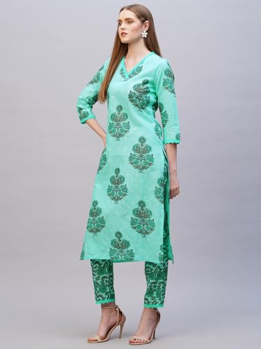 ANNI DESIGNER Womens Rayon Blend Straight Printed Kurta & Pant (Cheer Green_Xl_Green_X-Large)