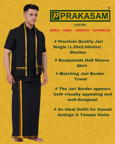 Prakasam Cotton Mens Single Jari Border (1.28X2.00 Mtrs) Black Dhoti + Readymade Half Sleeve Shirt + Balck Jari Border Matching