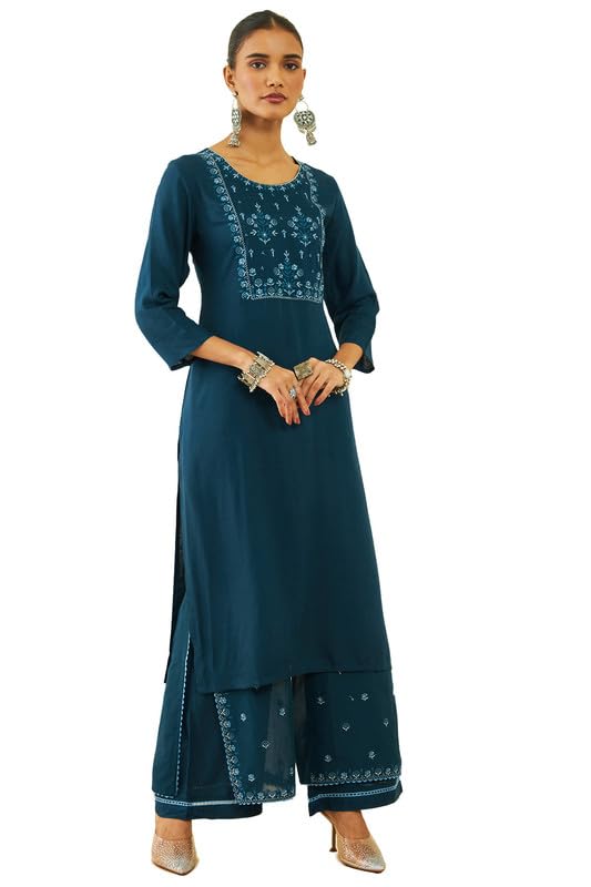 Soch Womens Blue Rayon Slub Embroidered Straight Kurta Sets With Layered Palazzo
