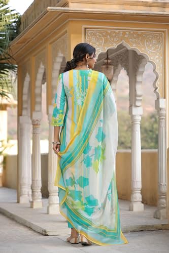 ANNI DESIGNER Womens Cotton Blend Straight Printed Kurta with Pant & Dupatta (Kapila Green_L_Green_Large)