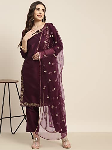Womanista Poly Silk Women Thread Work Kurta Trouser With Dupatta Set
