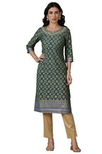 Aurelia Green Abstract Printed Straight Kurta With Embroidered Neck (Size: M)-24Aua15463-508793