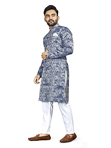 N.B.F Cotton Mens Ethnic Wear Stylish Blue Kurta Pajama Long Sherwani Set
