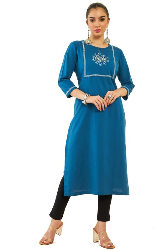 Soch Womens Teal Cotton Flex Embroidered Yoke Kurta With Mirror Work Details