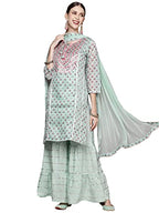 Ishin Women'S Green Embroidered A-Line Kurta Set With Sharara And Dupatta