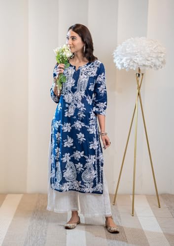 ANNI DESIGNER Womens Rayon Blend Chikankari Embroidered Straight Kurta (SCEROS-Cerosin_3XL_Blue_XXX-Large)