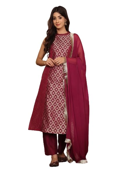 Varanga Women Purple Brocade Halter Neck Kurta With Bottom And Dupatta