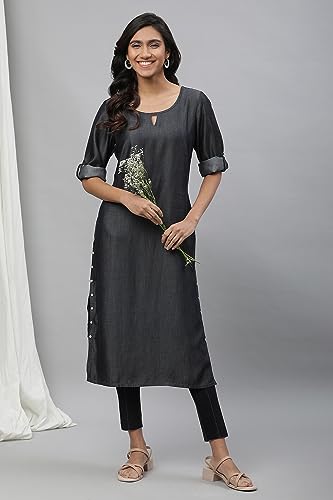 Aurelia Women'S Black Solid Yarn Dyed Tencil Denim Straight Kurta