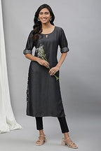 Aurelia Women'S Black Solid Yarn Dyed Tencil Denim Straight Kurta