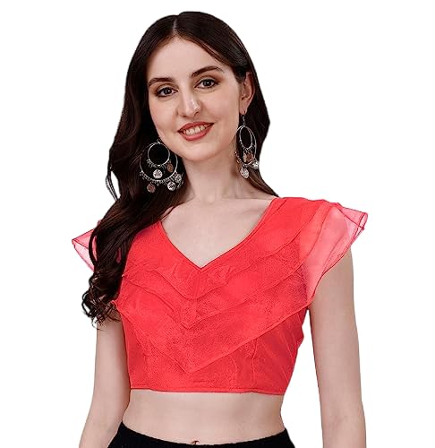 Pujia Mills Womens V Neck Orgenza Three Layer Ruffle Sleeve Frill Readymade Saree Blouse