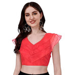 Pujia Mills Womens V Neck Orgenza Three Layer Ruffle Sleeve Frill Readymade Saree Blouse