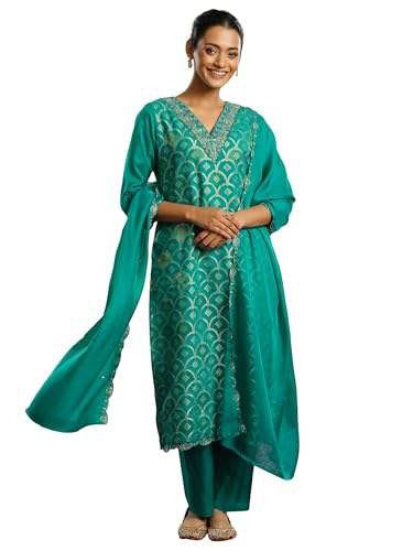 Libas Womens Woven Design Organza Straight Kurta With Trousers And Dupatta