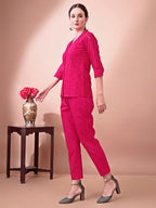 Womanista Women Silk Solid Schiffli Co-Ord Set