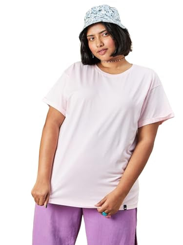 Bewakoof Womens Solid Boyfriend Fit Half Sleeve Round Neck Cotton Plus Size T-Shirt 617294 Pink 6XL
