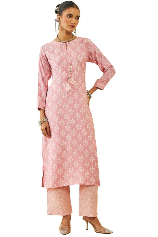 Soch Women Muslin Floral Print Round-Neck Straight Kurta with Neck Tie-Up