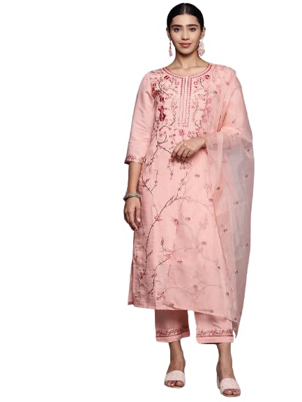 Varanga Women Peach Embroidered Kurta Paired With Tonal Bottom And Organza Embroidered Dupatta