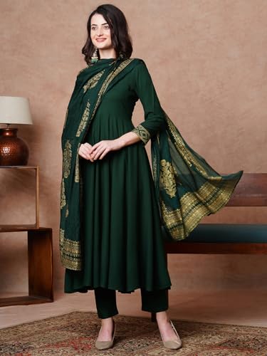 ANNI DESIGNER Womens Rayon Blend Solid Anarkali Kurta with Pant & Dupatta (Magic-Green-NDM_L_Green_Large)