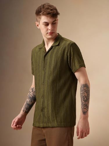 Dennis Lingo Men Olive Poly Seersucker Half Sleeve Shirt Collar Stripes Shirts