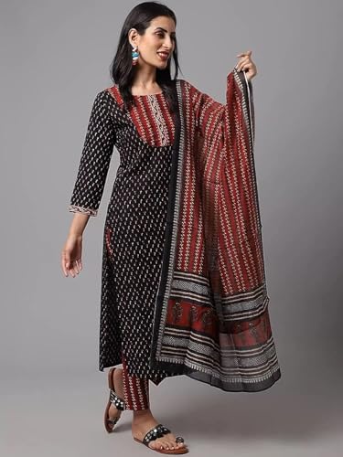 Tee Projekt WomenS Cotton Blend Straight Kurta Pant With Dupatta Set Ll Round Neck Kurta Ll Kurta Set For Women Black