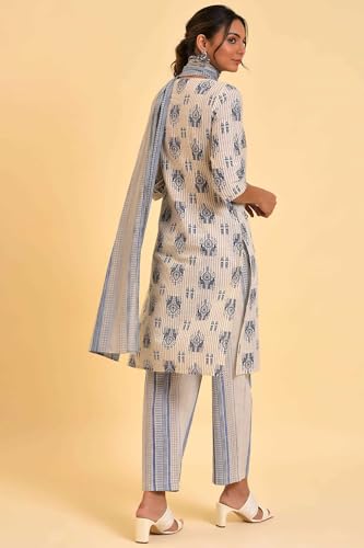 W For Woman Ecru Bird Printed Kurta, Straight Pants And Dupatta Set (Size: Xl)-23Fews19769-122416