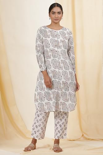 W For Woman Folksong White Printed Cotton Straight Kurta & Straight Pant