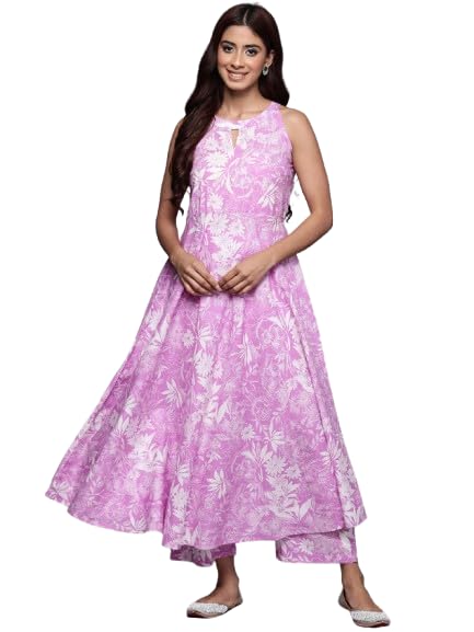 Varanga Women Lavender Floral Printed Halter Neck Anarkali Kurta With Bottom