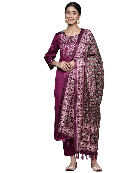 Varanga Women Purple Yoke Embroidered Straight Kurta Paired With Tonal Bottom And Bhagalpuri Printed Dupatta