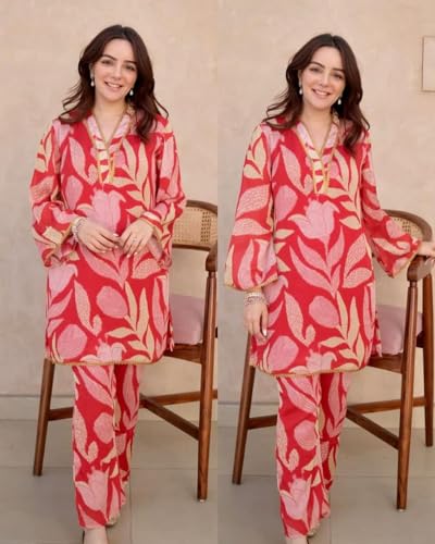 ANNI DESIGNER Womens Cotton Blend Printed Ethnic Co-ord Set (Badima Red-NW_S_Red_Small)