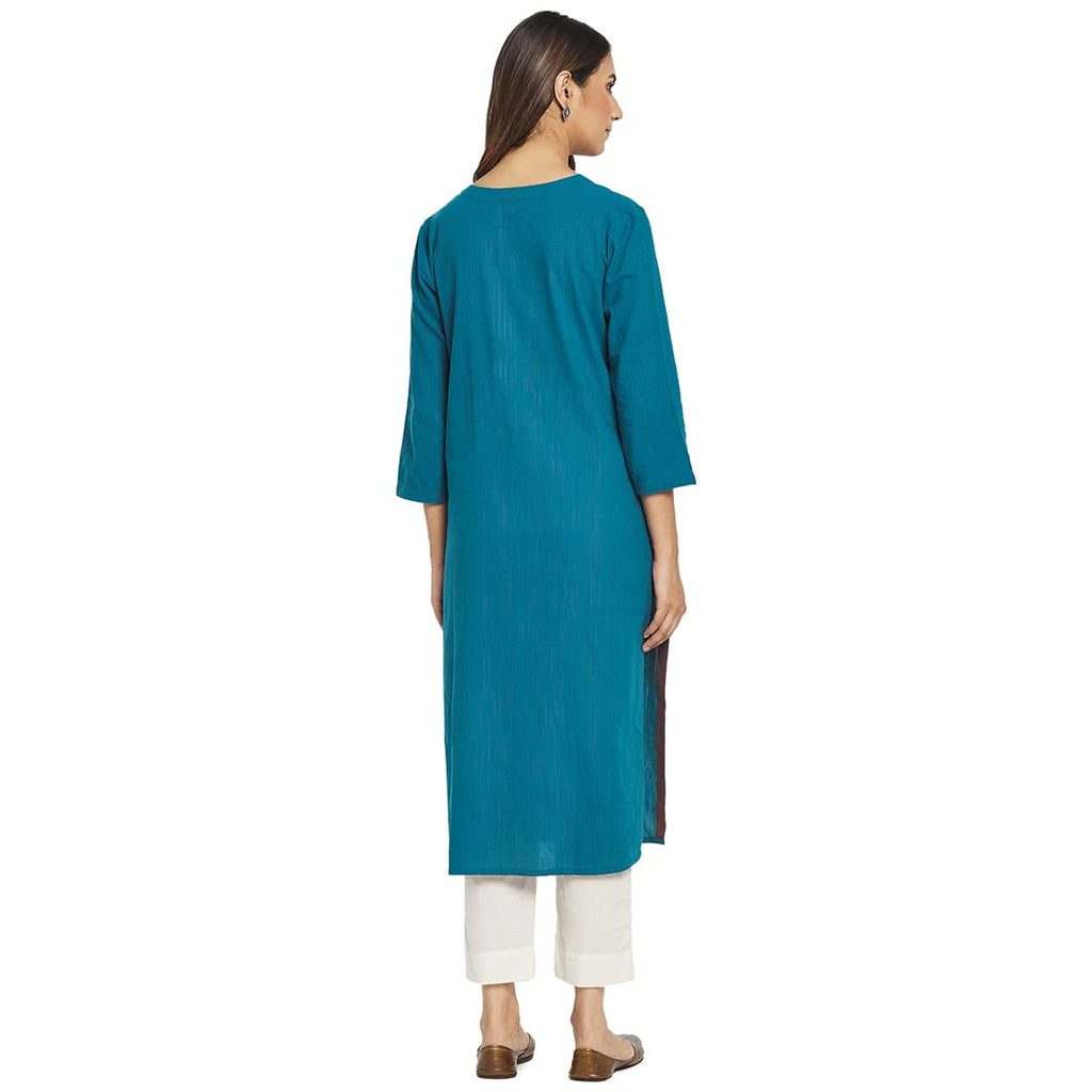 Fabindia Women Cotton Embroidered Long Kurta Blue