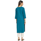 Fabindia Women Cotton Embroidered Long Kurta Blue
