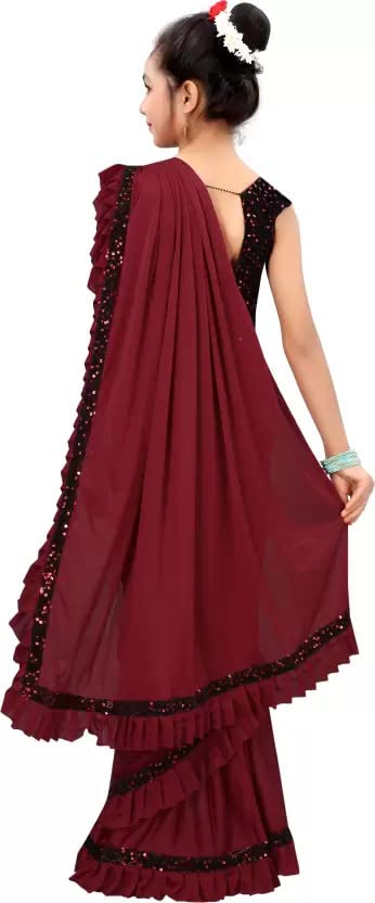 Dhyey Fashion Girls Lycra Blend Ruffle Pattern Saree With Velvet Unstitched Blouse Piece
