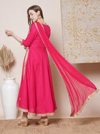 ANNI DESIGNER Womens Rayon Blend Anarkali Solid Kurta with Pant & Dupatta (Shyam Pink_L_Pink_Large)