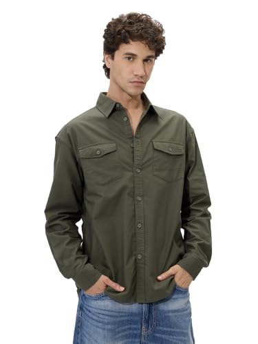 The Souled Store Solids: Olive Green Men And Boys Long Sleeves Collared Neck Button Front Regular Fit Cotton Utility Shirts