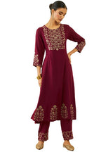 Soch Womens Maroon Rayon Floral Embroidered Round-Neck Kali Kurta Sets