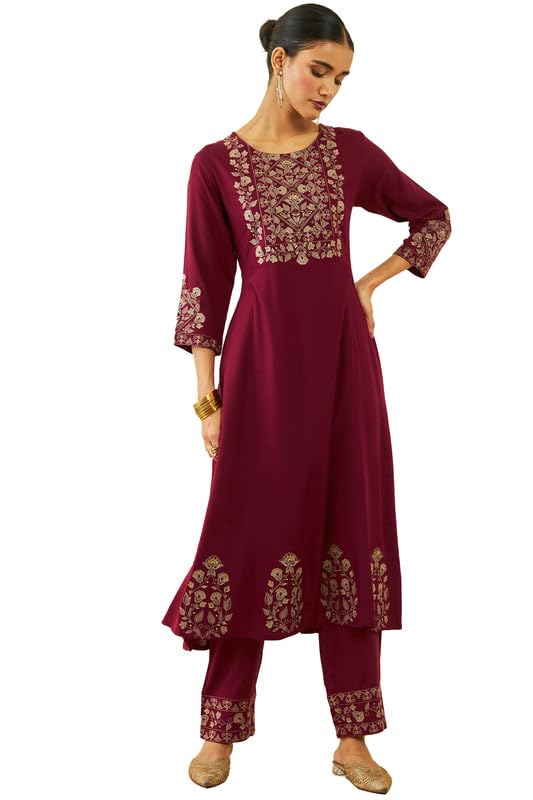 Soch Womens Maroon Rayon Floral Embroidered Round-Neck Kali Kurta Sets