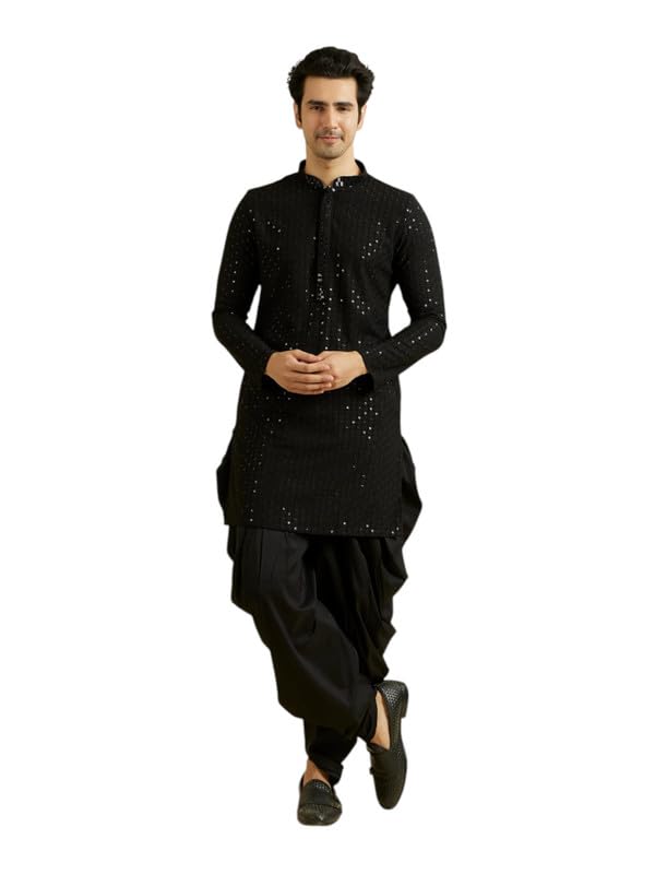 Manyavar MenS Viscose Embroidery|Sequins Work Kurta Set (Black,M)