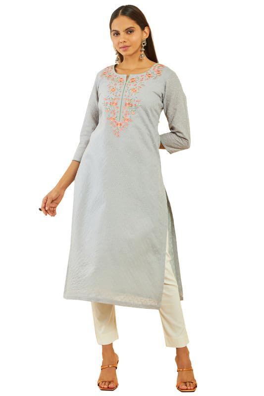 Soch Women Cotton All-Over Embroidered Round-Neck Straight Kurta