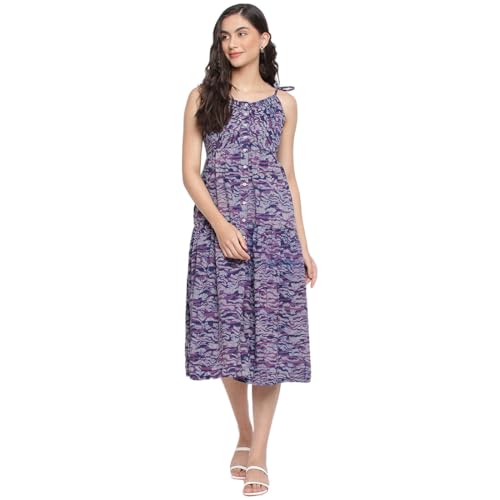 Fabindia WomenS Printed Purple Cotton V-Neck Midi Dress Calf Length 209953701