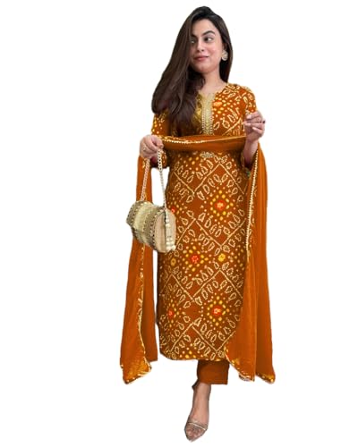 GoSriKi Womens Rayon Blend Straight Bandhej Printed Kurta with Pant & Dupatta (Turae Mustard-GS_L_Mustard_Large)