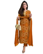 GoSriKi Womens Rayon Blend Straight Bandhej Printed Kurta with Pant & Dupatta (Turae Mustard-GS_L_Mustard_Large)
